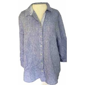 Chico’s Linen Tunic Women’s Sz 3 (16-18) No Iron Blue 3/4 Sleeves Button Up
